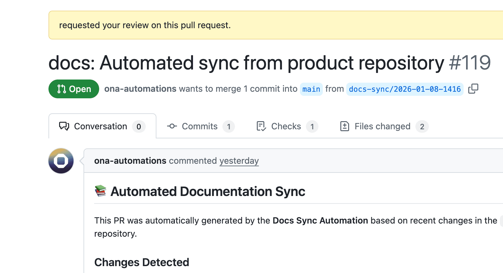 PR that got created using Ona docs sync agent