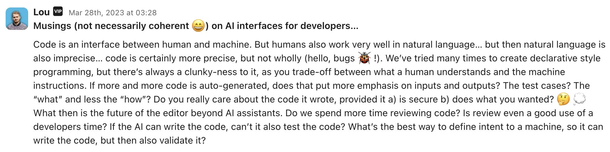 Slack message from Lou in March 2023: musings on AI interfaces for developers