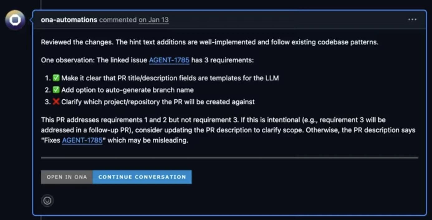 Inline code review comment from Ona's automation
