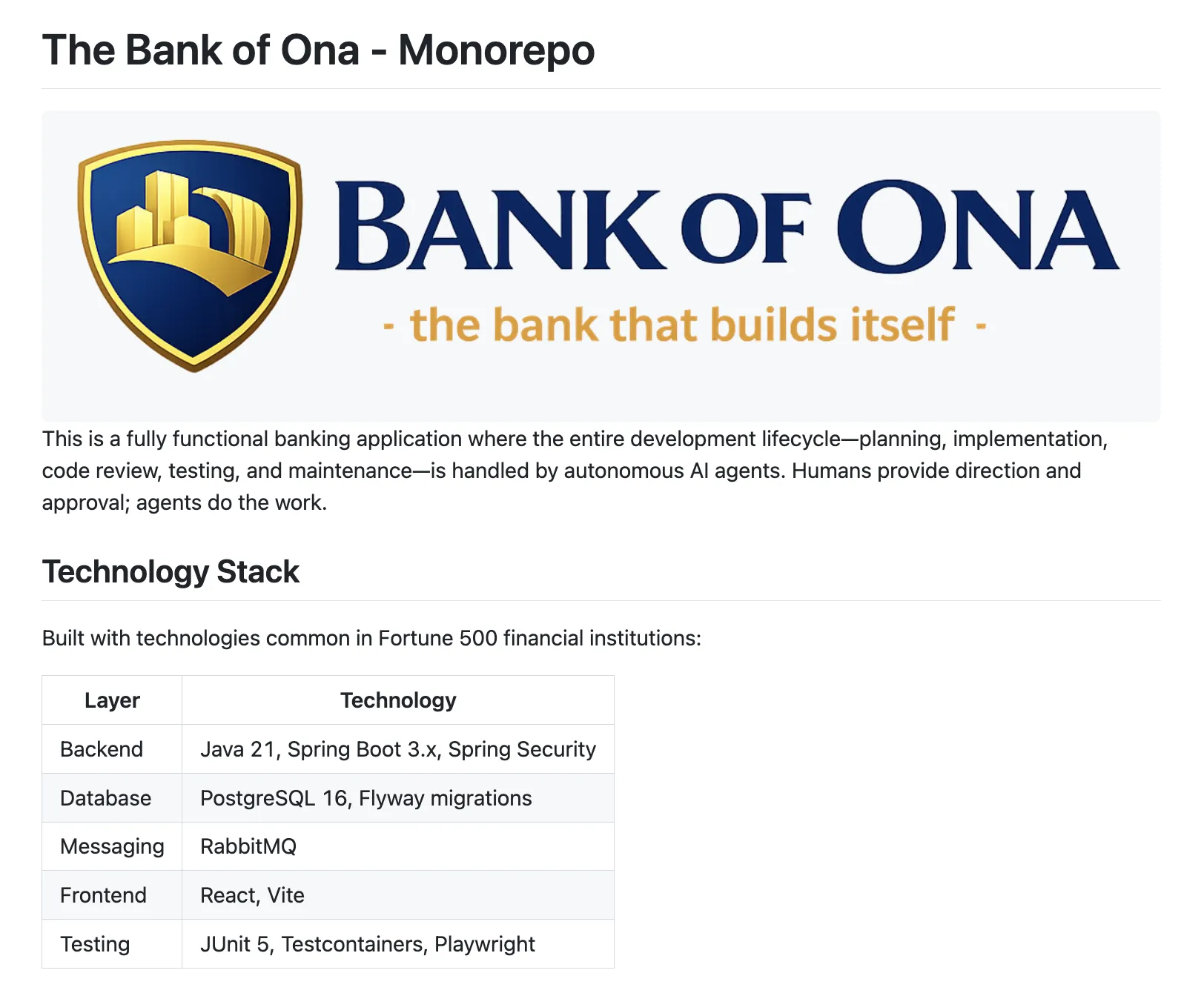 The Bank of Ona README — 'the bank that builds itself'