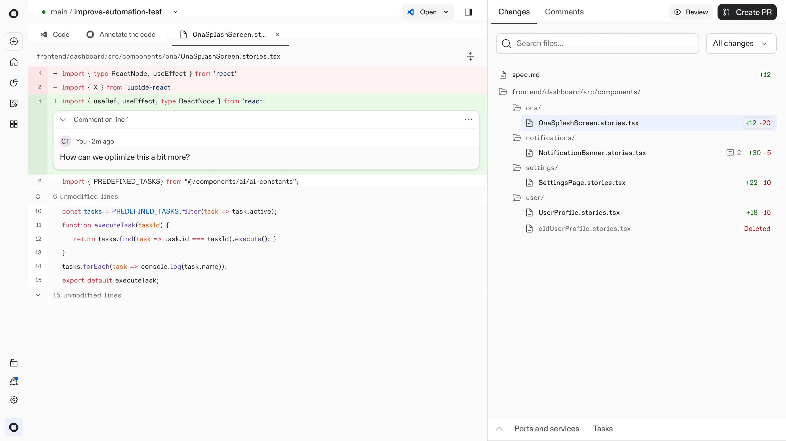 Inline code review with searchable file tree and diffs