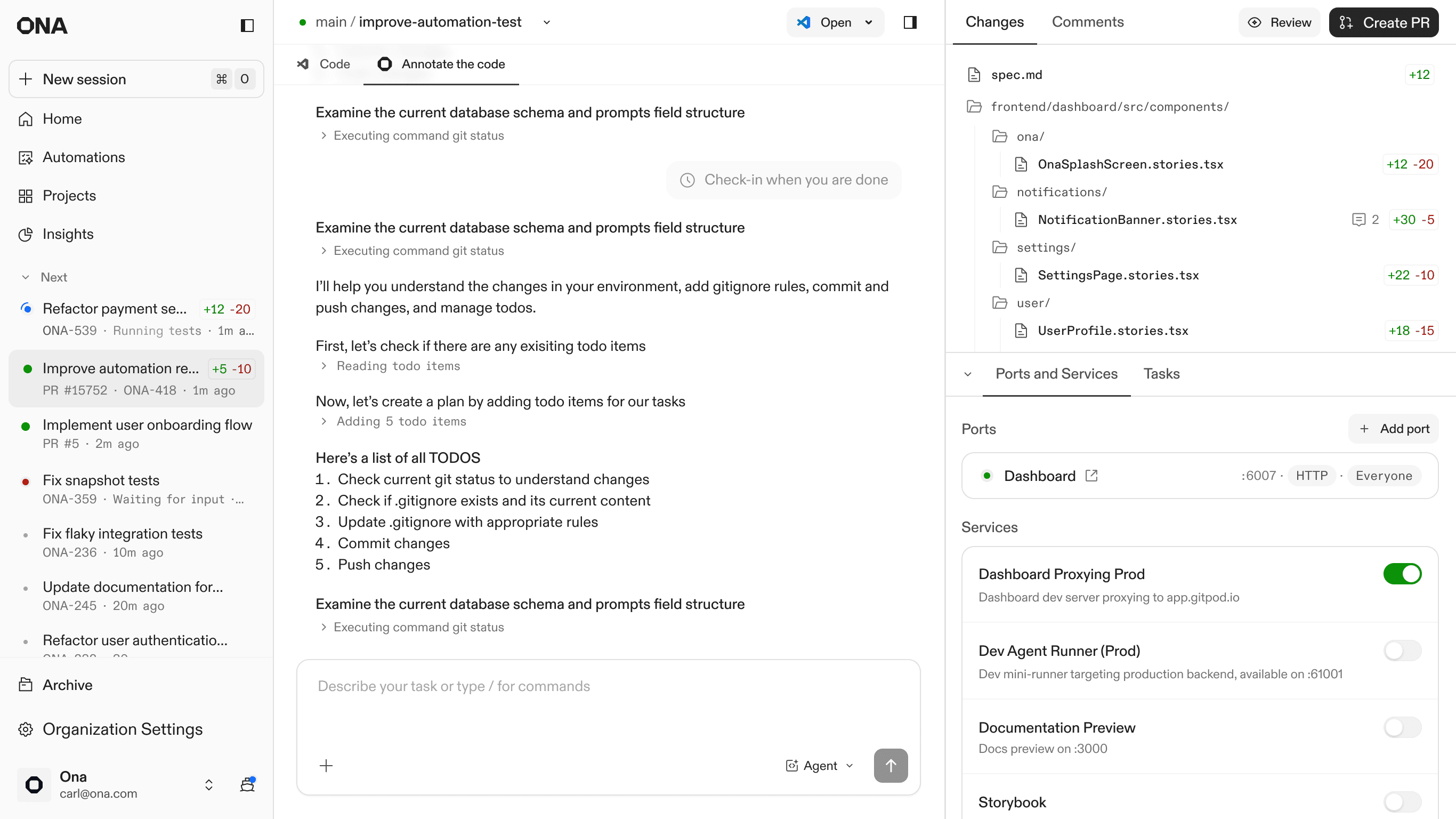 The new Ona workspace layout with ports and services