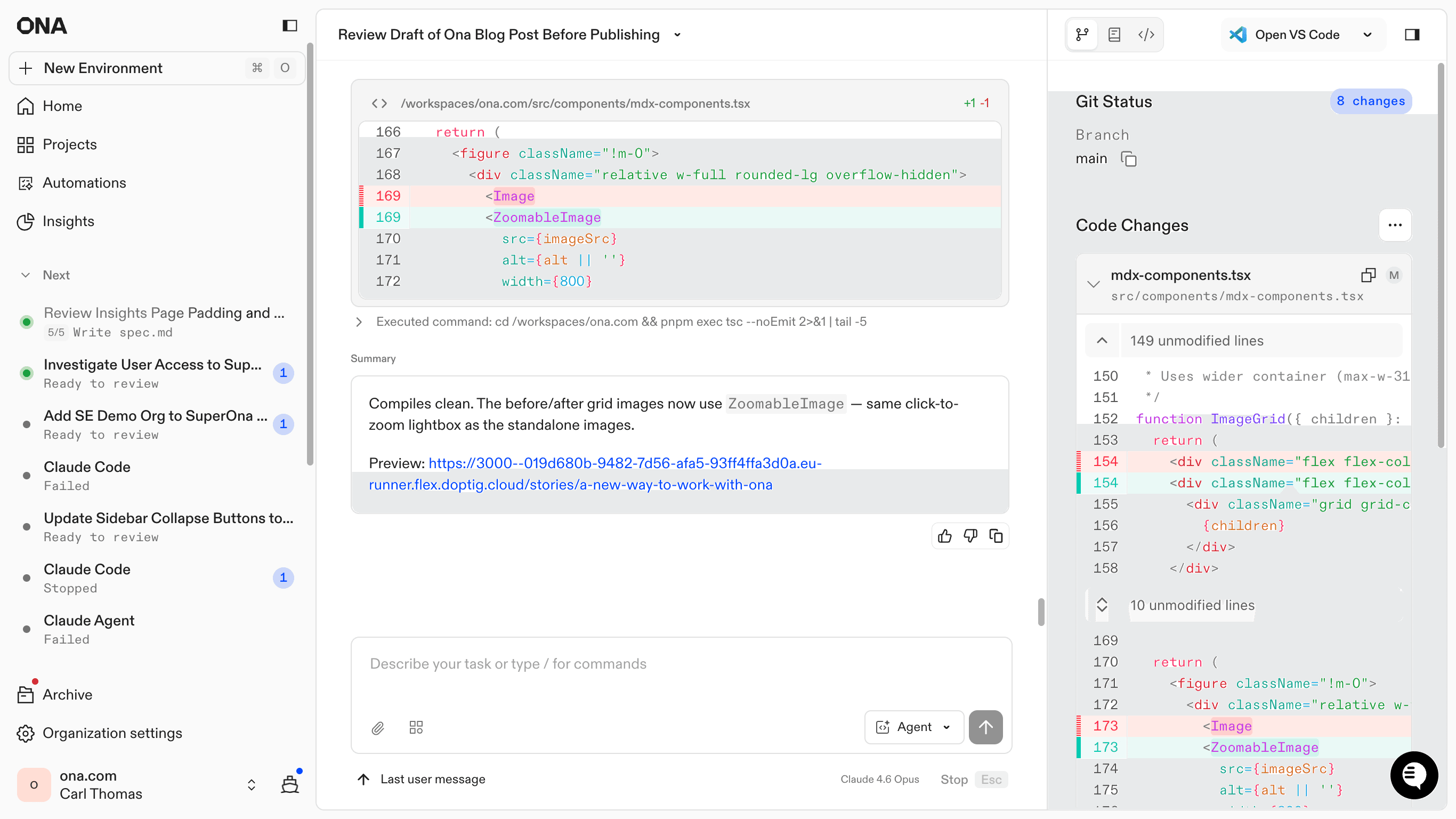 The old Ona interface with competing panels