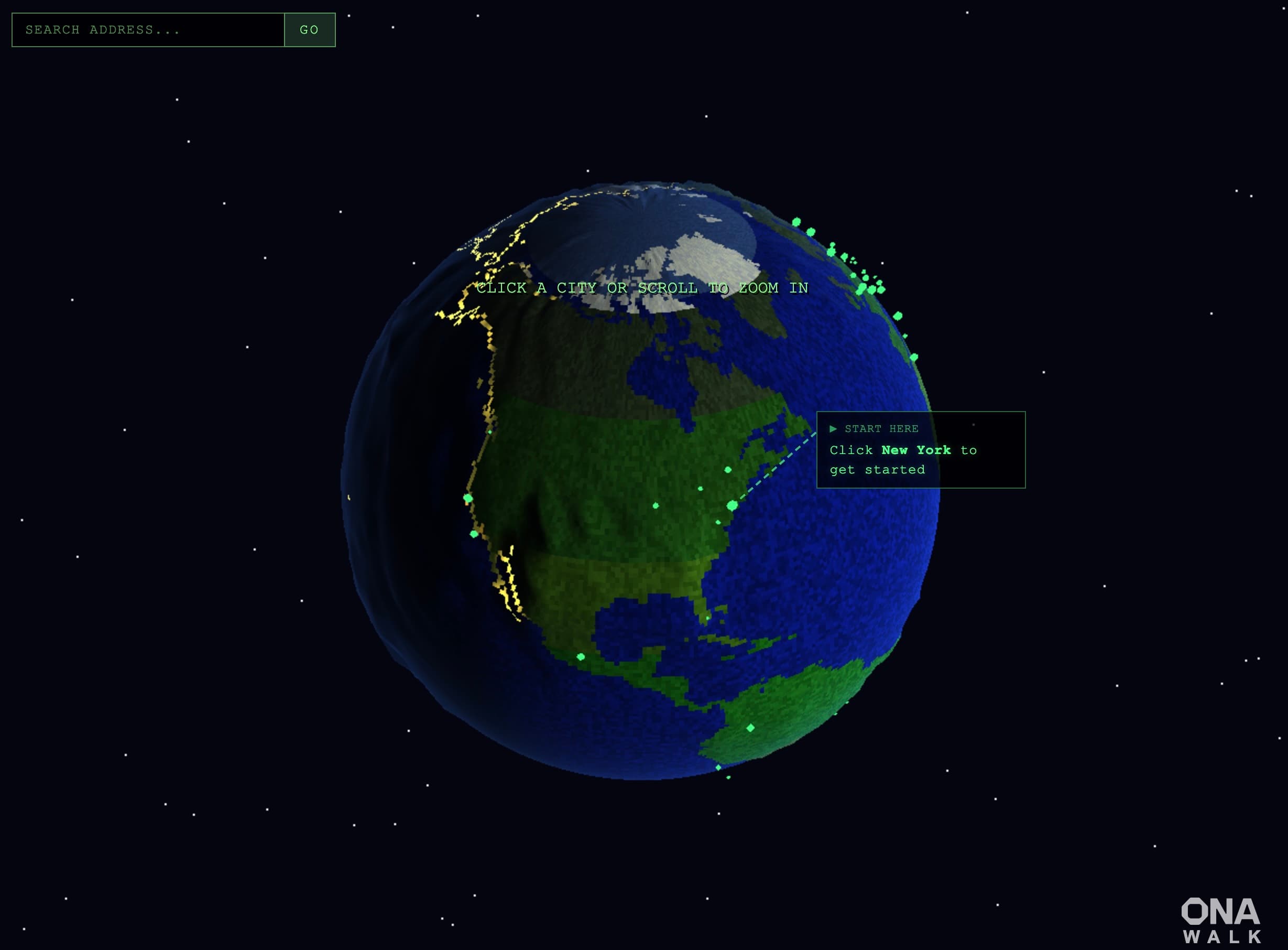 The globe view, a PSX-styled low-poly earth with city markers