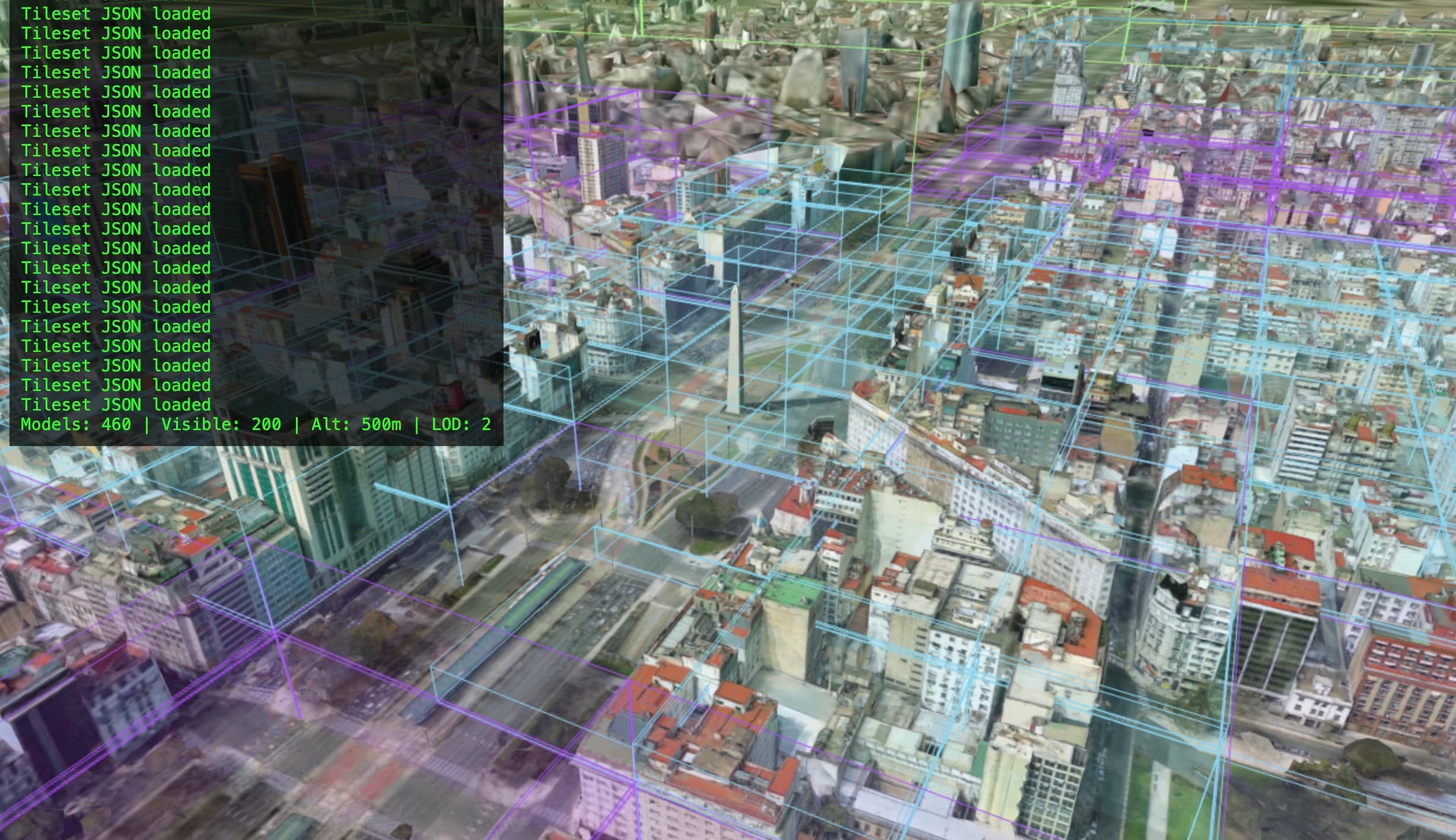 The tiles-test diagnostic view of Buenos Aires, raw Google 3D Tiles without the PSX shader, used to isolate rendering issues