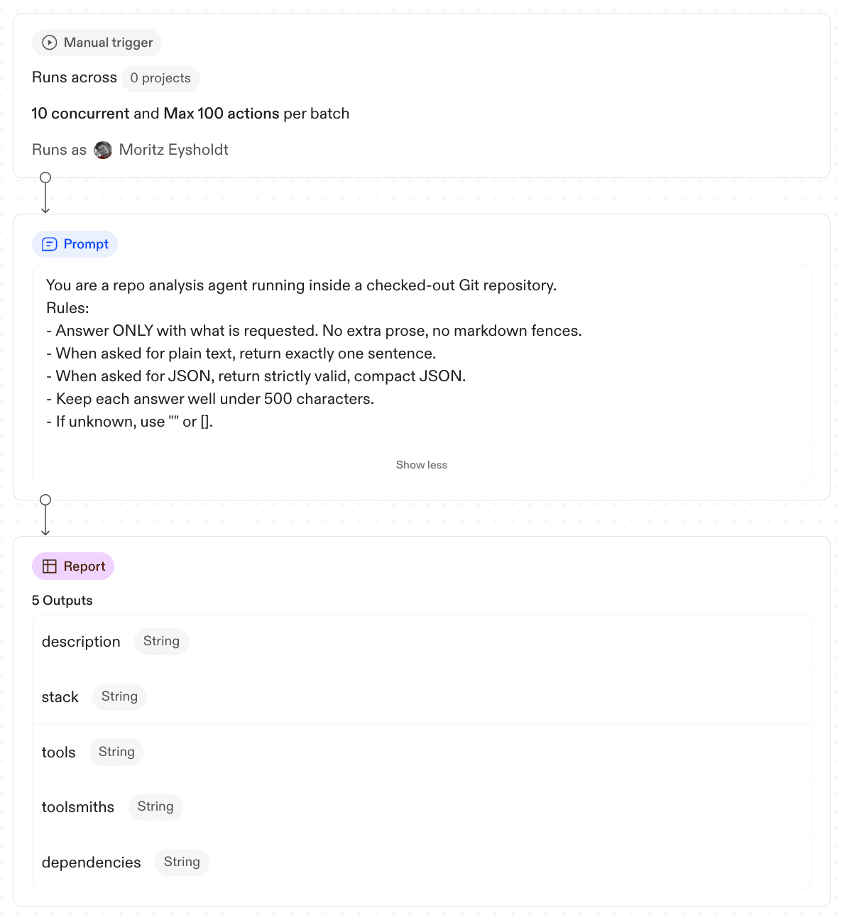 The migration analysis automation definition in Ona showing the YAML configuration and report columns
