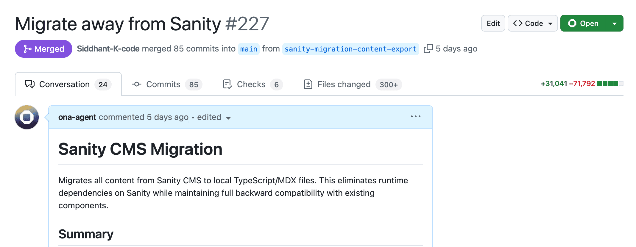Sanity migration PR merged
