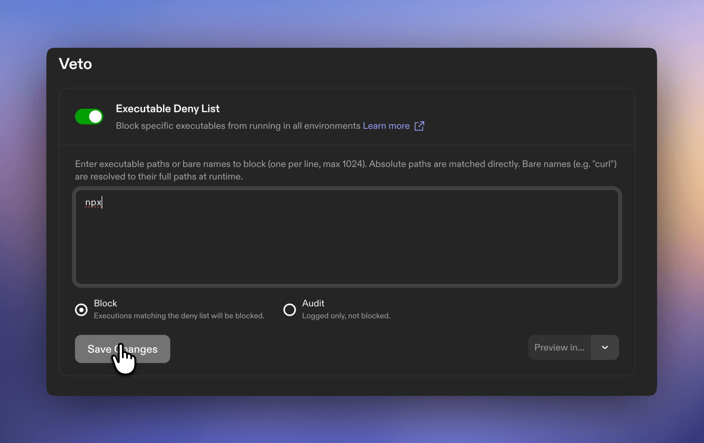 Veto deny list configuration showing executable names
