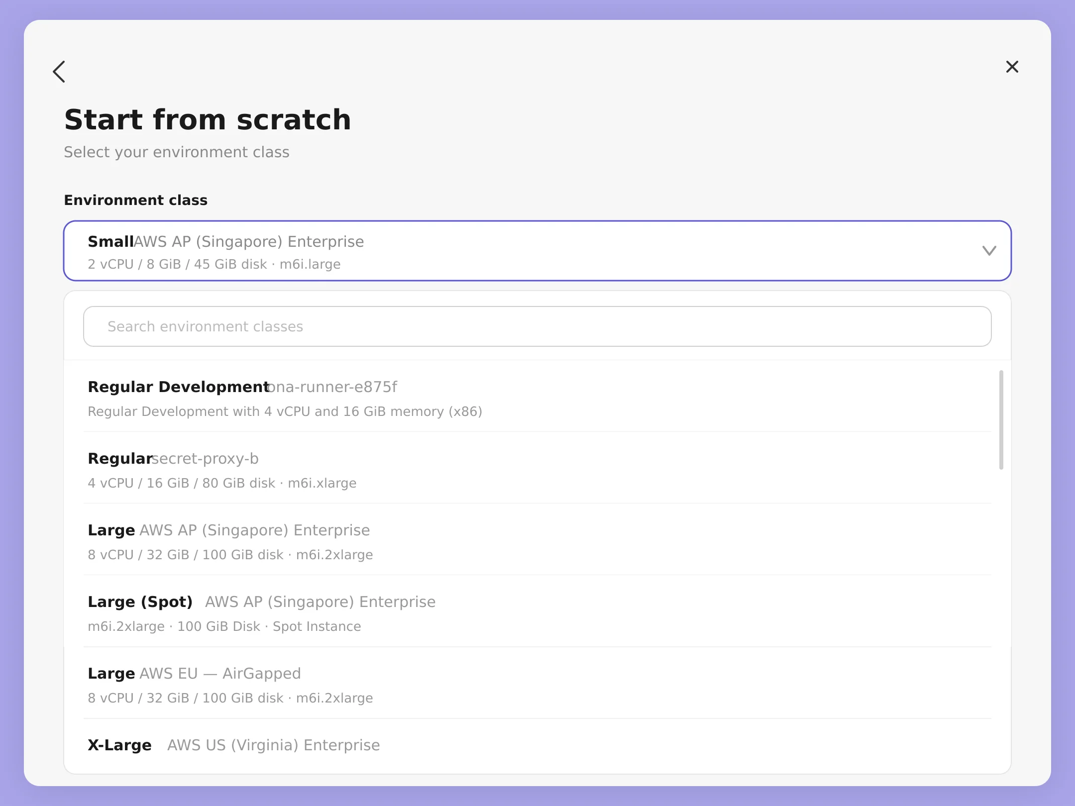 Environment class selector showing Small, Regular, Large, and GPU options across runners