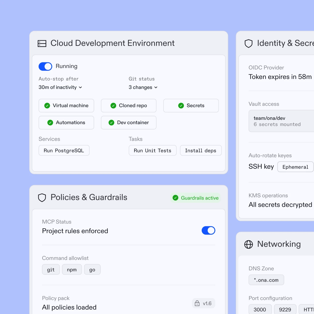 Cloud Development Environment UI showing policies and guardrails configuration