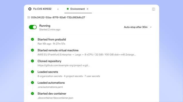 Environment spinning up: provisioning VM, cloning repo, injecting secrets, installing dependencies