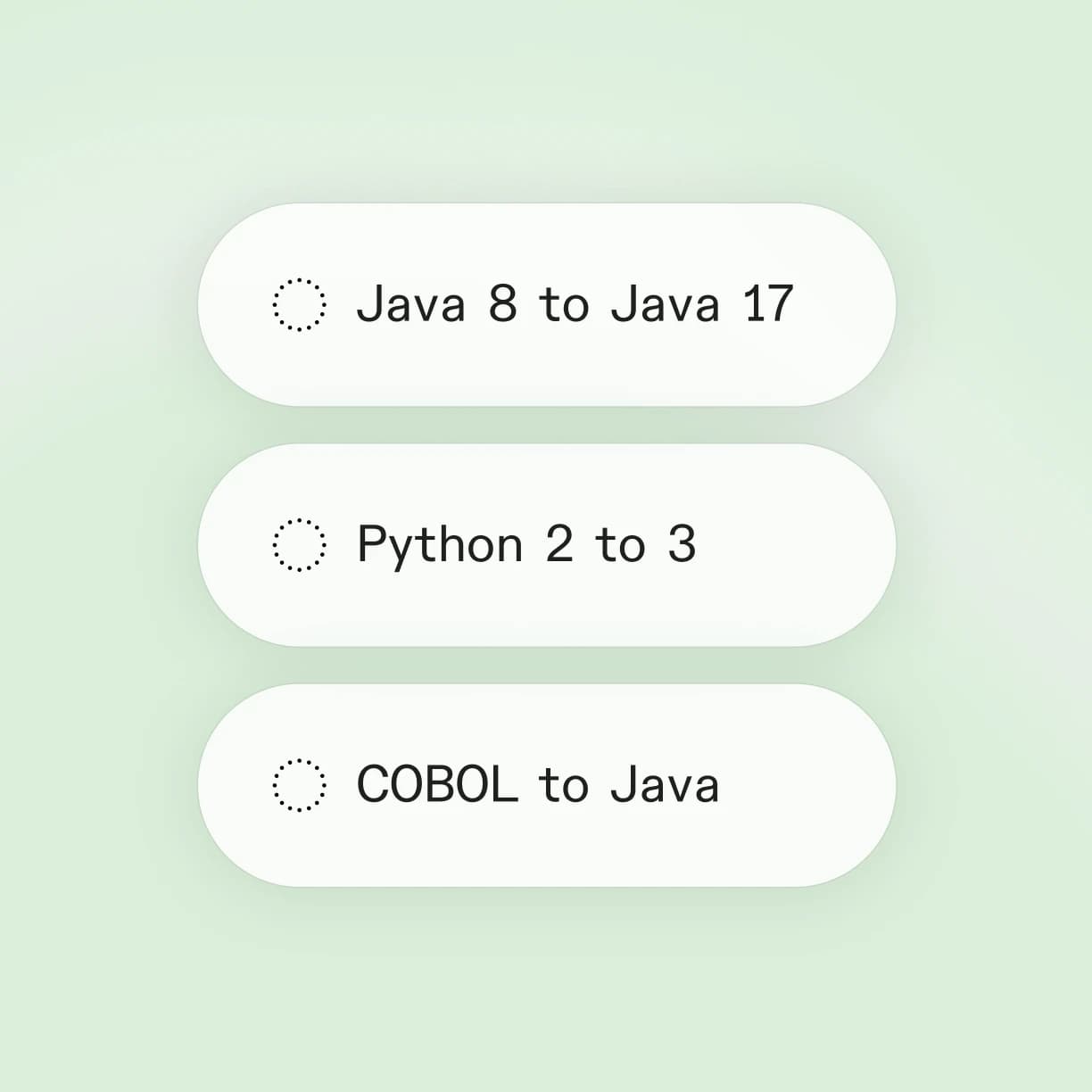 Java 8 to Java 17, Python 2 to 3, COBOL to Java