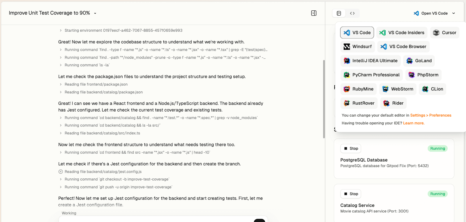 Caption: Pairing with Ona via a desktop editor like JetBrains, Cursor or Windsurf.