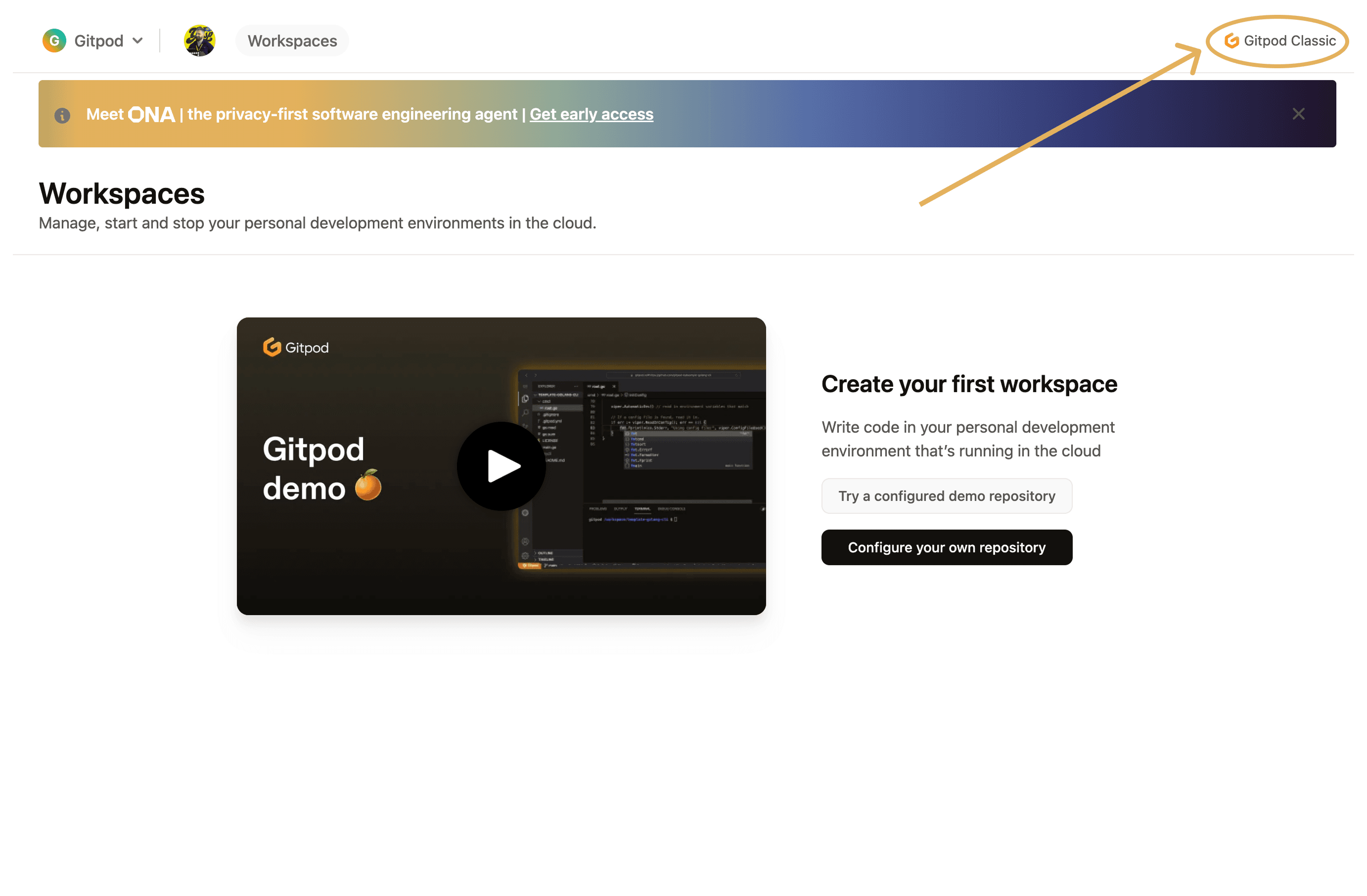Gitpod Classic dashboard signifier