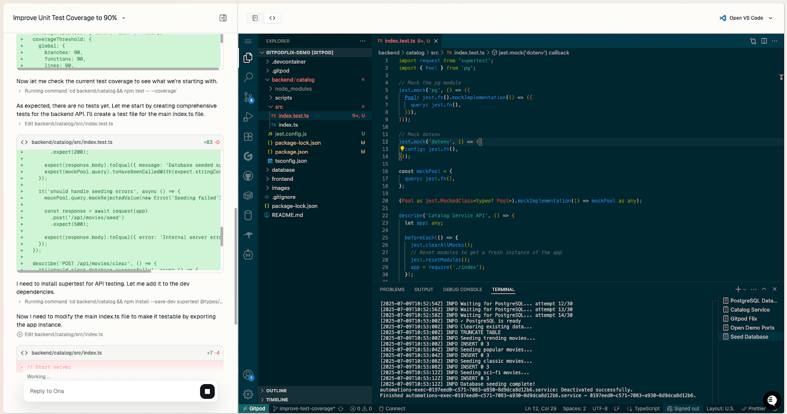 Caption: Pairing with Ona using the VS Code editor option directly inside of Gitpod